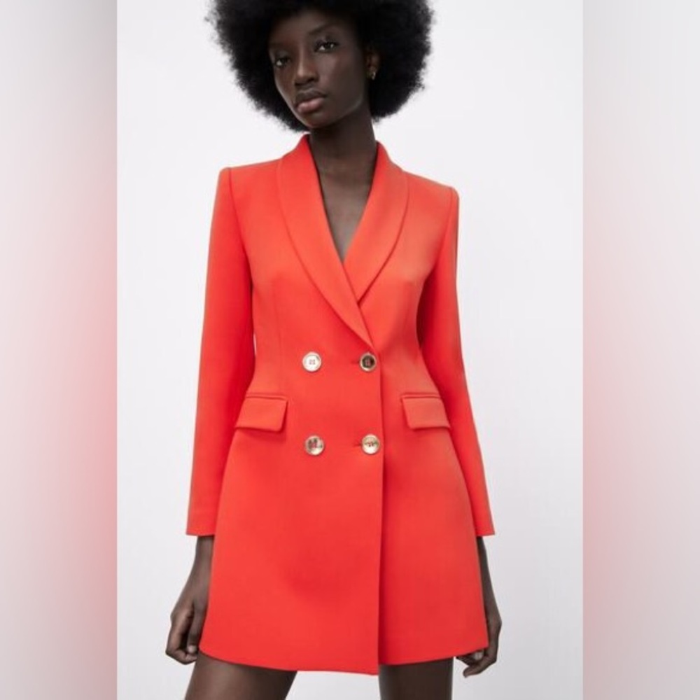ZARA RED LONG DOUBLE BREASTED JACKET BLAZER GOLD BUTTONS SIZE Small